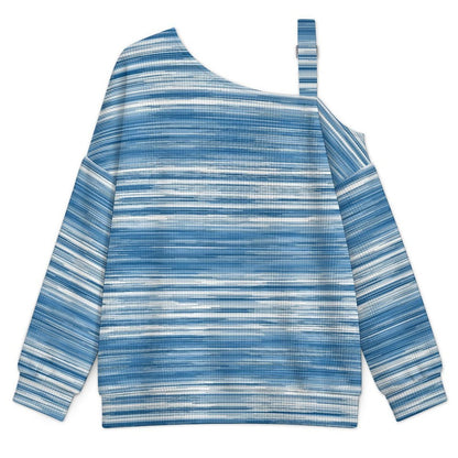 Off-the-shoulder Sweater Blue Stripe  Asymmetric Cold Shoulder Knit Sweater for Women, Adjustable Buckle Strap Long Sleeve Casual Slouchy Pullover