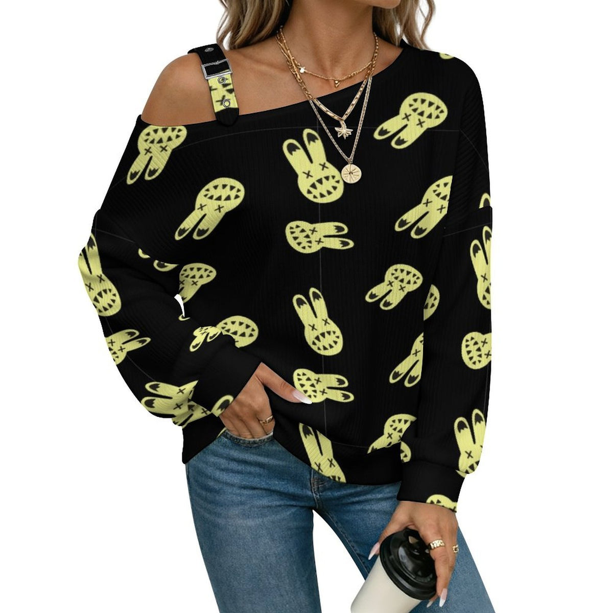 Off-the-shoulder Sweater Rabbit Background  Asymmetric Cold Shoulder Knit Sweater for Women, Adjustable Buckle Strap Long Sleeve Casual Slouchy Pullover