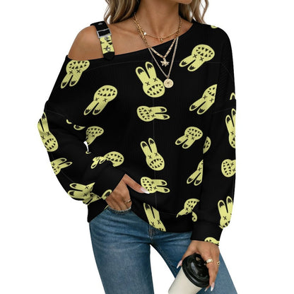 Off-the-shoulder Sweater Rabbit Background  Asymmetric Cold Shoulder Knit Sweater for Women, Adjustable Buckle Strap Long Sleeve Casual Slouchy Pullover