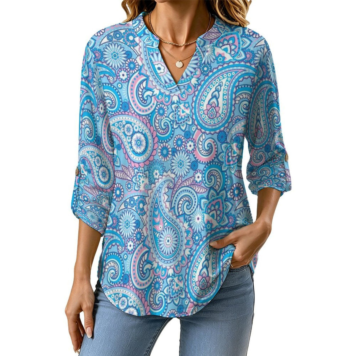 Paisley  Women Curved Hem V Neck Roll Sleeve Casual Work Top