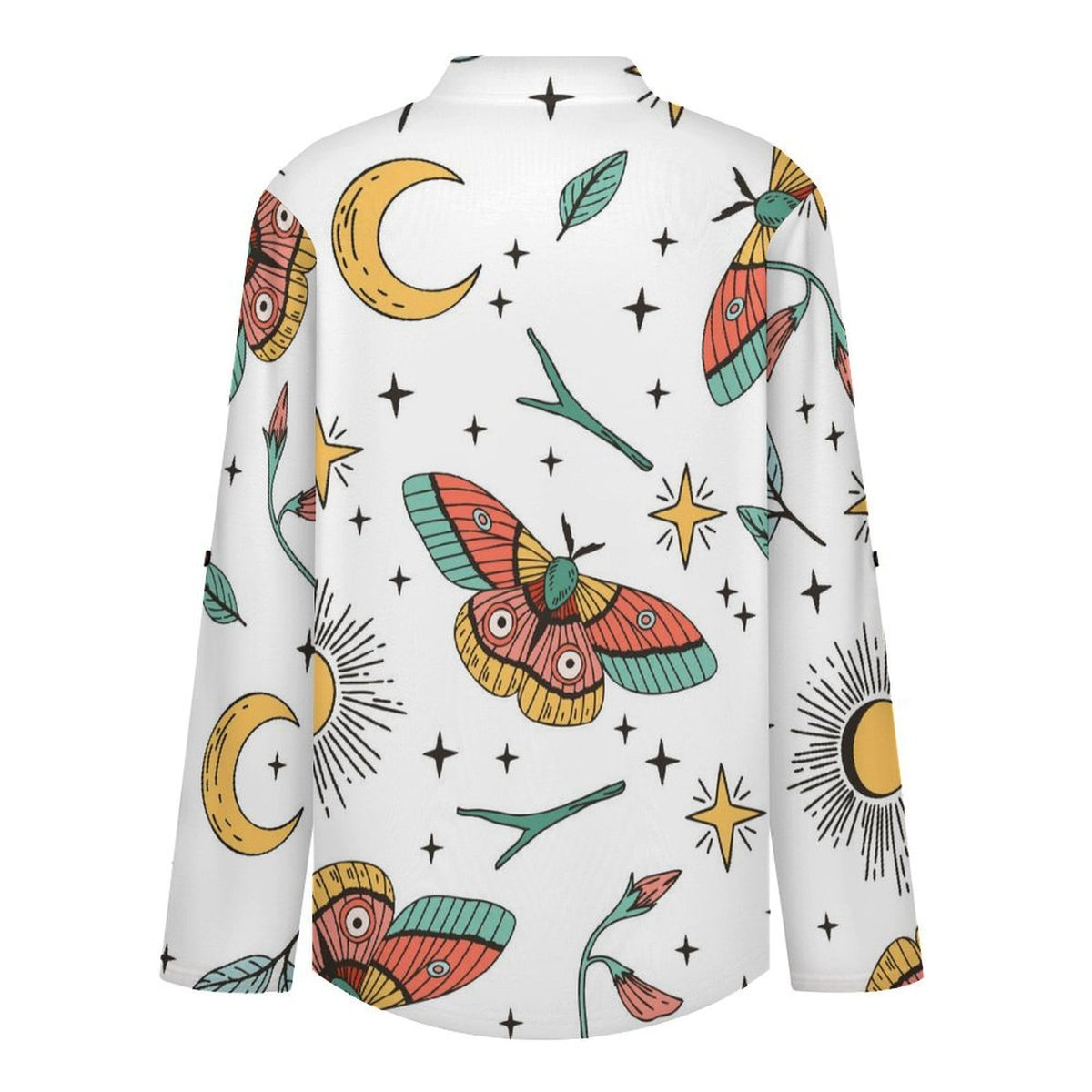 Color, Butterfly, Pattern Roll Tab 3/4 Sleeve Notched V Neck Tunic Blouse
