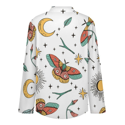 Color, Butterfly, Pattern Roll Tab 3/4 Sleeve Notched V Neck Tunic Blouse