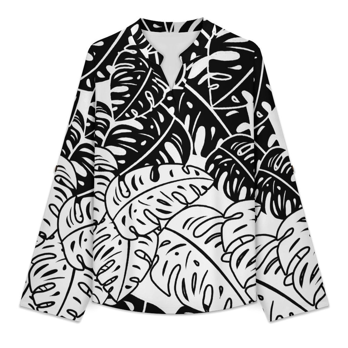 Women's Notched V Neck Tunic Tops, Roll Up 3/4 Sleeve Button Cuff Casual Blouse, Hem Loose Work Shirts  Leaves, Black, Repeating Pattern