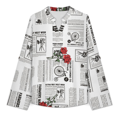 Versatile Notched V-Neck Tunic  Roll Tab 3/4 Sleeve Office Casual Top  Newspaper  Red Rose
