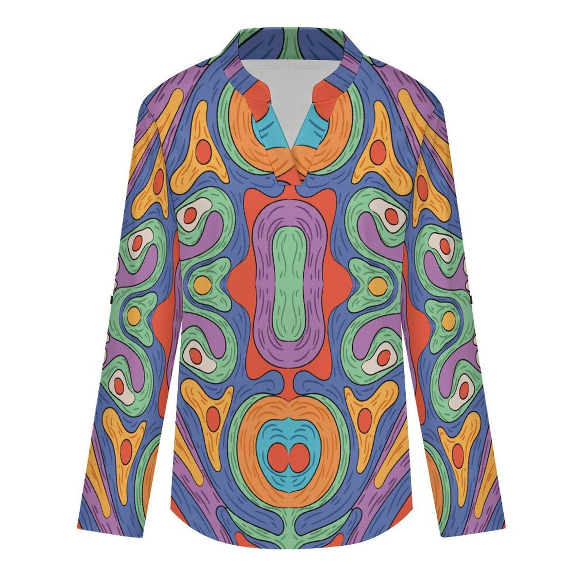 Stand-up Collar Long-sleeved Shirt Repetitive Pattern  Customization Women’s V-Neck Blouses,long Sleeve,Roll-Up Sleeve Shirt