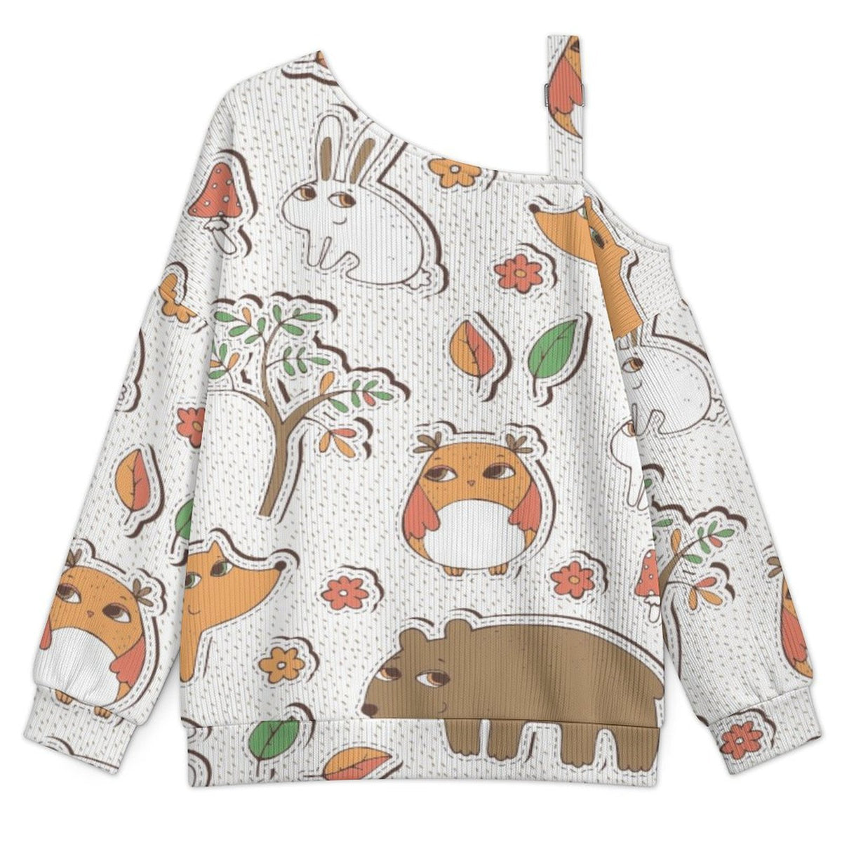 Off-the-shoulder Sweater Cartoon Animals  Asymmetric Cold Shoulder Knit Sweater for Women, Adjustable Buckle Strap Long Sleeve Casual Slouchy Pullover