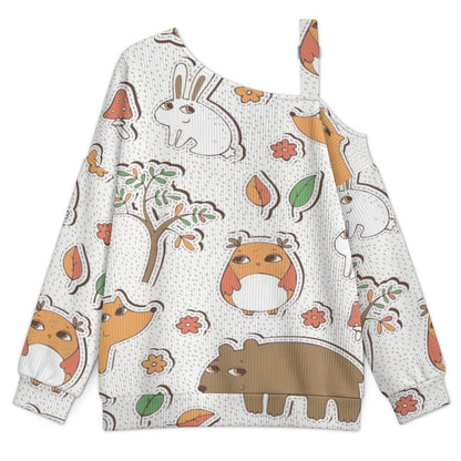 Off-the-shoulder Sweater Cartoon Animals  Asymmetric Cold Shoulder Knit Sweater for Women, Adjustable Buckle Strap Long Sleeve Casual Slouchy Pullover