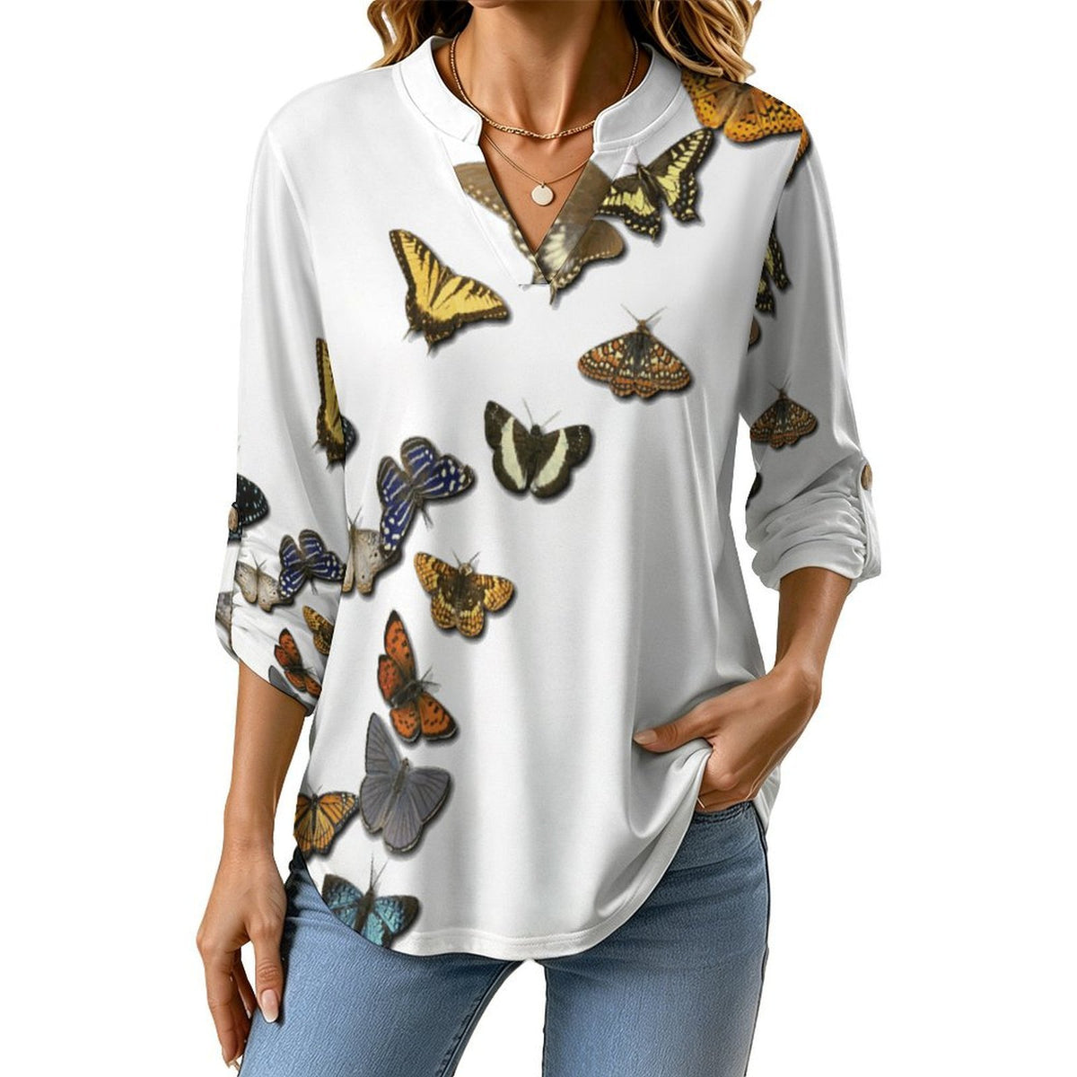 Stand-up Collar Long-sleeved Shirt Colored Butterfly  Customization Women’s V-Neck Blouses,long Sleeve,Roll-Up Sleeve Shirt