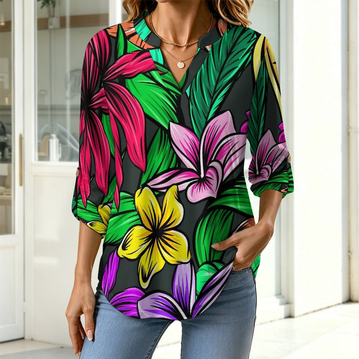 Stand-up Collar Long-sleeved Shirt Colorful Flowers  Customization Women’s V-Neck Blouses,long Sleeve,Roll-Up Sleeve Shirt