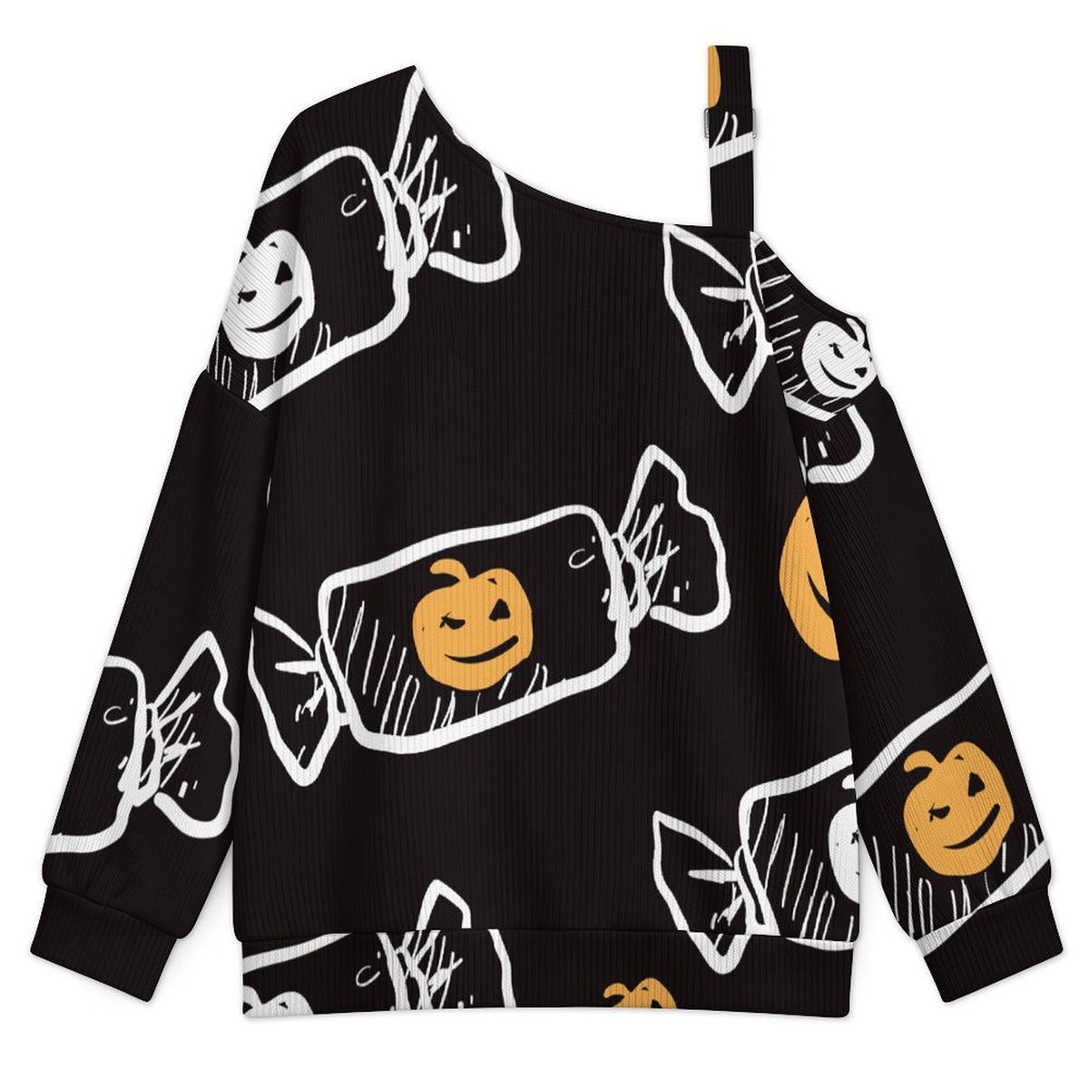 Off-the-shoulder Sweater Pumpkin Candy, Halloween  Asymmetric Cold Shoulder Knit Sweater for Women, Adjustable Buckle Strap Long Sleeve Casual Slouchy Pullover