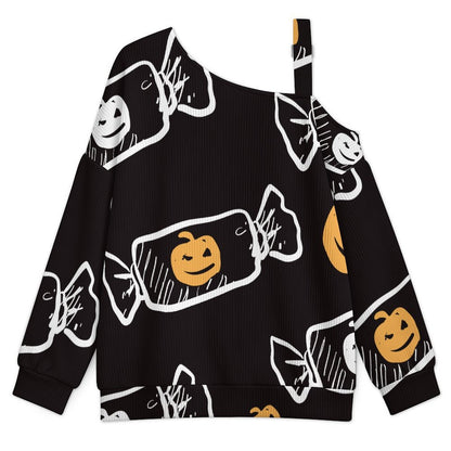 Off-the-shoulder Sweater Pumpkin Candy, Halloween  Asymmetric Cold Shoulder Knit Sweater for Women, Adjustable Buckle Strap Long Sleeve Casual Slouchy Pullover