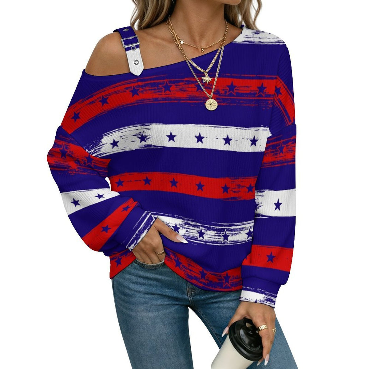 Off-the-shoulder Sweater Stars Stripe  Asymmetric Cold Shoulder Knit Sweater for Women, Adjustable Buckle Strap Long Sleeve Casual Slouchy Pullover