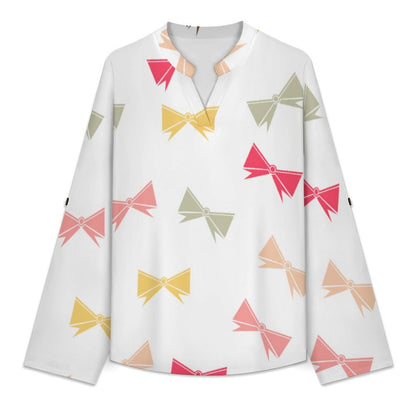 Stand-up Collar Long-sleeved Shirt Colored Bow  Customization Women’s V-Neck Blouses,long Sleeve,Roll-Up Sleeve Shirt