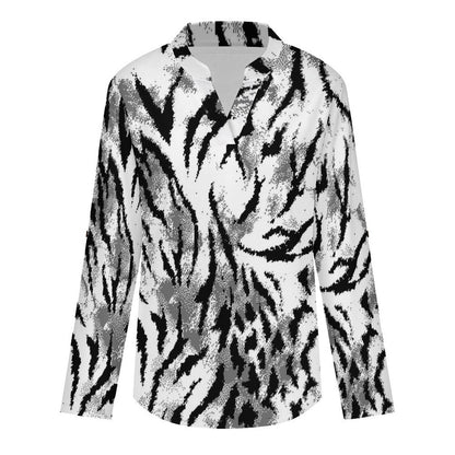 Black And White Zebra Print Roll Tab 3/4 Sleeve Notched V Neck Tunic Blouse