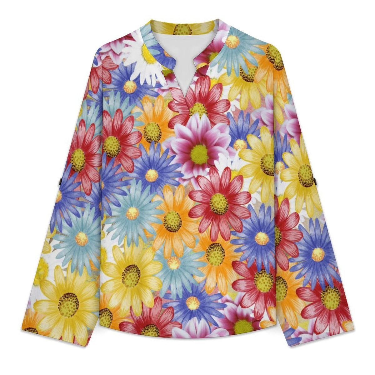 Stand-up Collar Long-sleeved Shirt Color Flowers  Customization Women’s V-Neck Blouses,long Sleeve,Roll-Up Sleeve Shirt