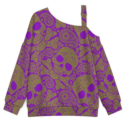 Off-the-shoulder Sweater Skull - Repeat - Paisley Pattern  Asymmetric Cold Shoulder Knit Sweater for Women, Adjustable Buckle Strap Long Sleeve Casual Slouchy Pullover