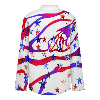 Stand-up Collar Long-sleeved Shirt Flow,American Flag,star  Customization Women’s V-Neck Blouses,long Sleeve,Roll-Up Sleeve Shirt