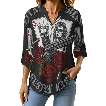 Stand-up Collar Long-sleeved Shirt Halloween, Poker, Skeletons  Customization Women’s V-Neck Blouses,long Sleeve,Roll-Up Sleeve Shirt