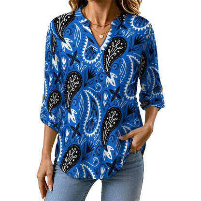 Paisley Women's Notched V Neck Tunic Tops, Roll Up 3/4 Sleeve Button Cuff Casual Blouse, Hem Loose Work Shirts