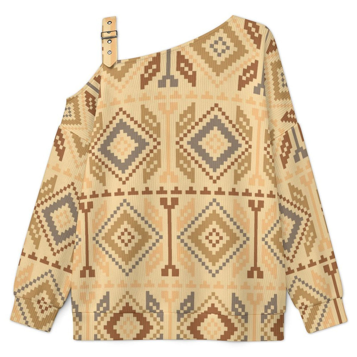 Off-the-shoulder Sweater European Retro Pattern  Asymmetric Cold Shoulder Knit Sweater for Women, Adjustable Buckle Strap Long Sleeve Casual Slouchy Pullover