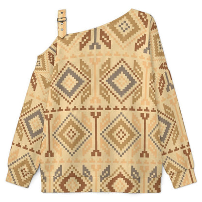 Off-the-shoulder Sweater European Retro Pattern  Asymmetric Cold Shoulder Knit Sweater for Women, Adjustable Buckle Strap Long Sleeve Casual Slouchy Pullover