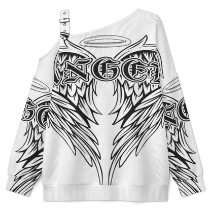 Off-the-shoulder Sweater Angle Wing  Asymmetric Cold Shoulder Knit Sweater for Women, Adjustable Buckle Strap Long Sleeve Casual Slouchy Pullover