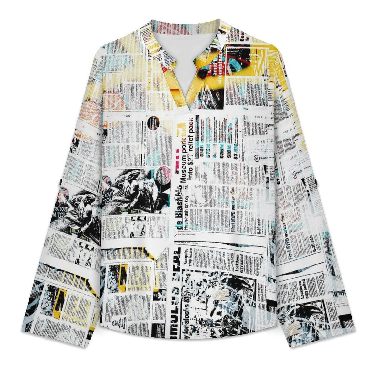 Newspaper  Versatile Notched V-Neck Tunic | Roll Tab 3/4 Sleeve Office Casual Top