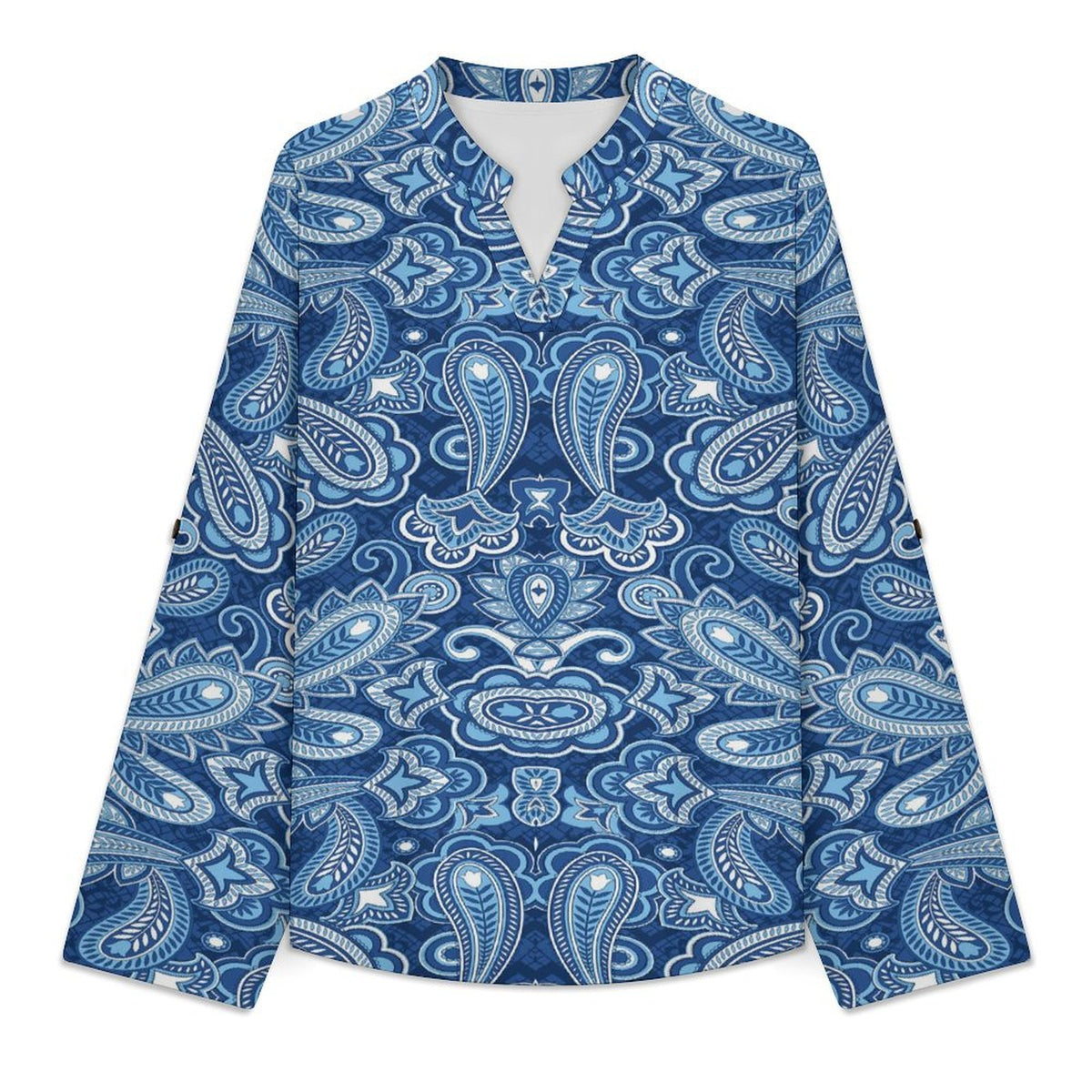 Paisley  Versatile Notched V-Neck Tunic | Roll Tab 3/4 Sleeve Office Casual Top