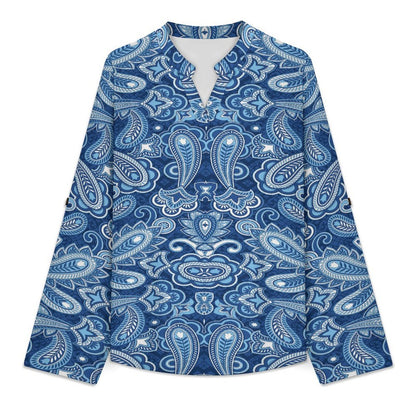 Paisley  Versatile Notched V-Neck Tunic | Roll Tab 3/4 Sleeve Office Casual Top
