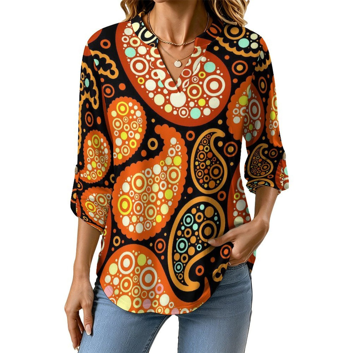 Paisley  Versatile Notched V-Neck Tunic | Roll Tab 3/4 Sleeve Office Casual Top