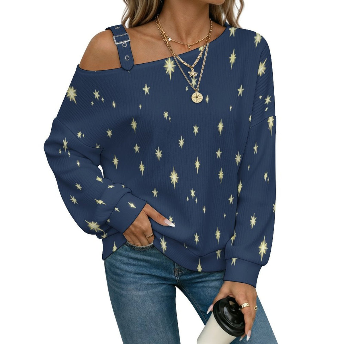 Off-the-shoulder Sweater Stars  Asymmetric Cold Shoulder Knit Sweater for Women, Adjustable Buckle Strap Long Sleeve Casual Slouchy Pullover