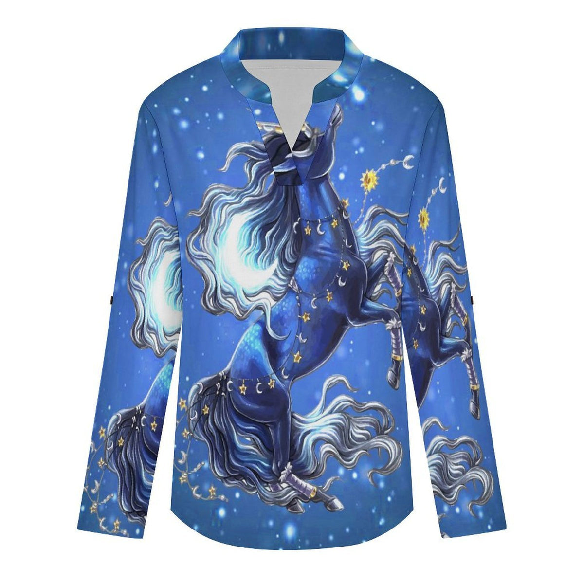 Stand-up Collar Long-sleeved Shirt Unicorn  Customization Women’s V-Neck Blouses,long Sleeve,Roll-Up Sleeve Shirt