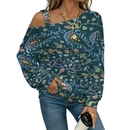Off-the-shoulder Sweater European Retro Pattern  Asymmetric Cold Shoulder Knit Sweater for Women, Adjustable Buckle Strap Long Sleeve Casual Slouchy Pullover