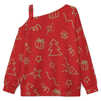 Off-the-shoulder Sweater Christmas Pattern Christmas Tree Green Simple Stroke  Asymmetric Cold Shoulder Knit Sweater for Women, Adjustable Buckle Strap Long Sleeve Casual Slouchy Pullover