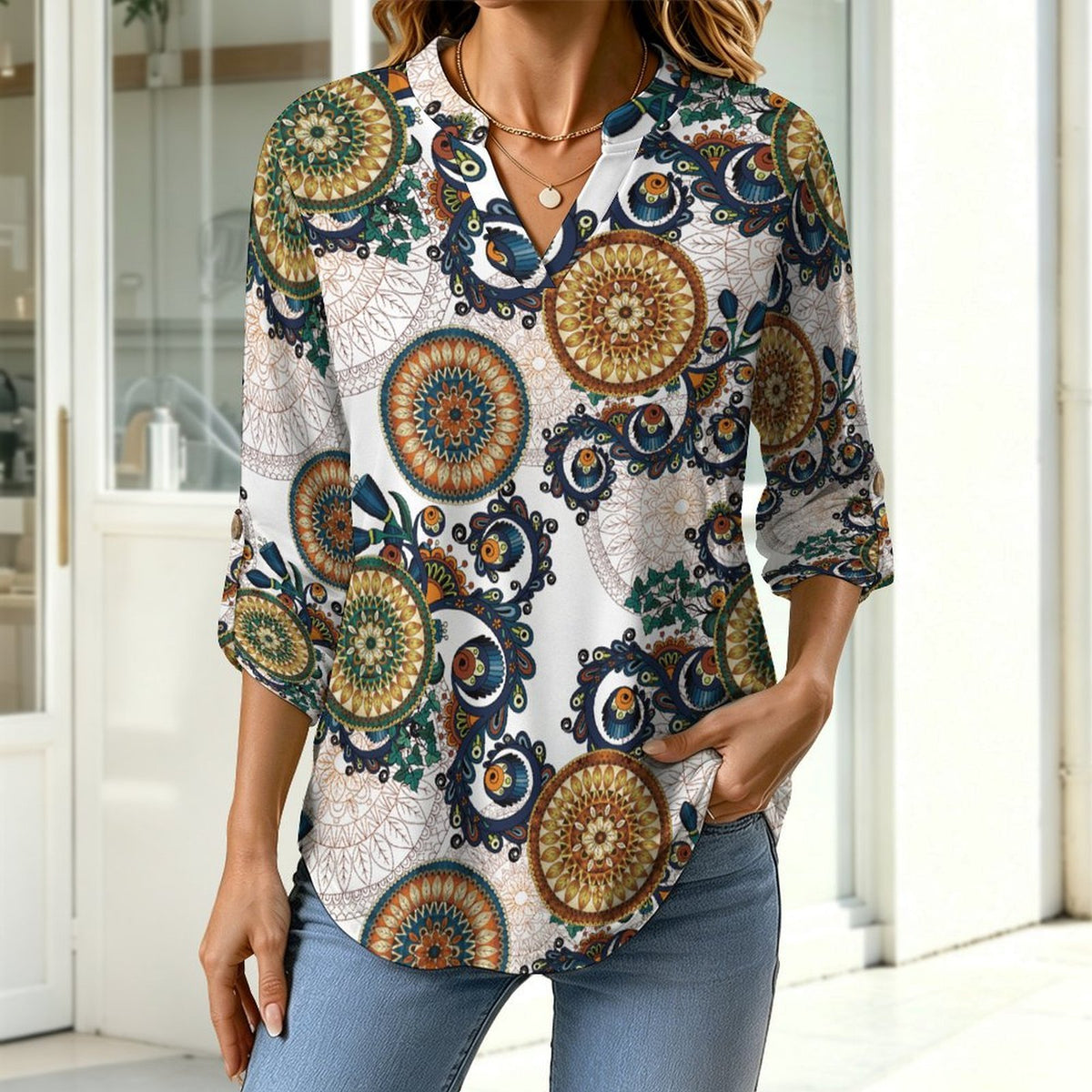 Repeated Patterns Complex Patterns of Wind  Versatile Notched V-Neck Tunic | Roll Tab 3/4 Sleeve Office Casual Top