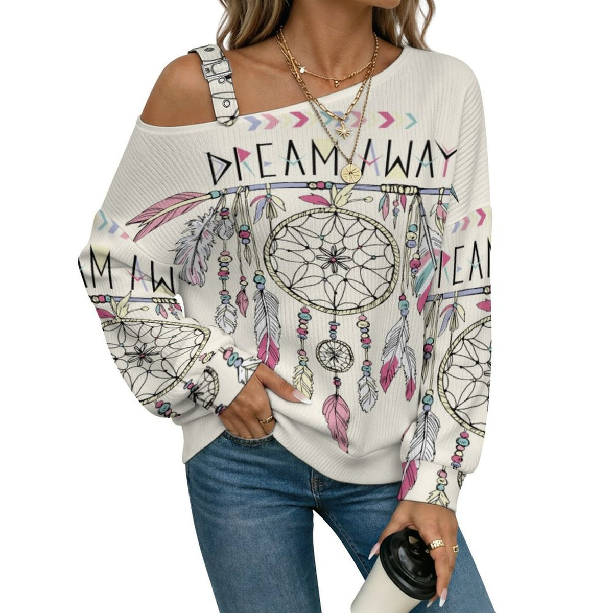 Off-the-shoulder Sweater Dream Away  Asymmetric Cold Shoulder Knit Sweater for Women, Adjustable Buckle Strap Long Sleeve Casual Slouchy Pullover
