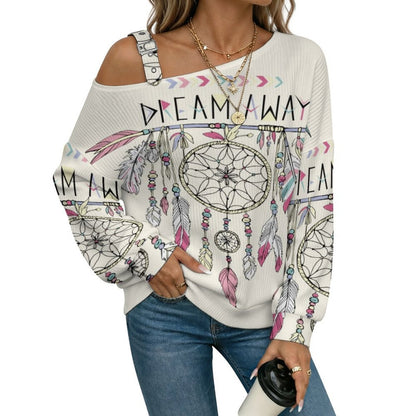 Off-the-shoulder Sweater Dream Away  Asymmetric Cold Shoulder Knit Sweater for Women, Adjustable Buckle Strap Long Sleeve Casual Slouchy Pullover