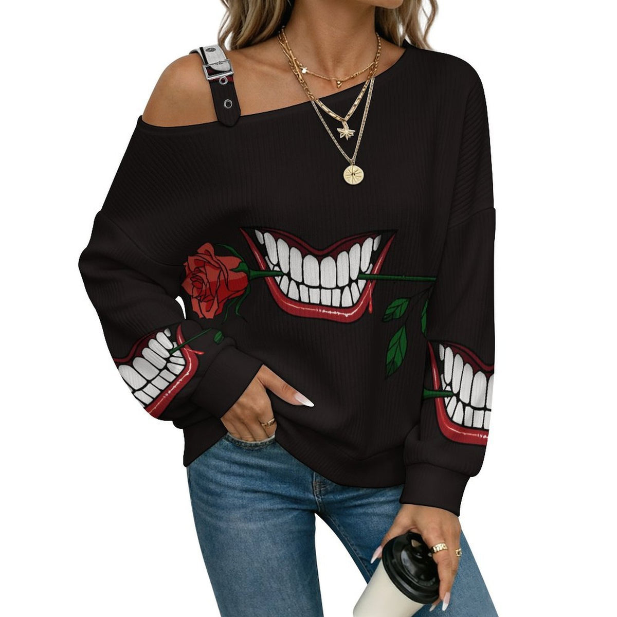 Off-the-shoulder Sweater Mouth Blood Rose Teeth  Asymmetric Cold Shoulder Knit Sweater for Women, Adjustable Buckle Strap Long Sleeve Casual Slouchy Pullover