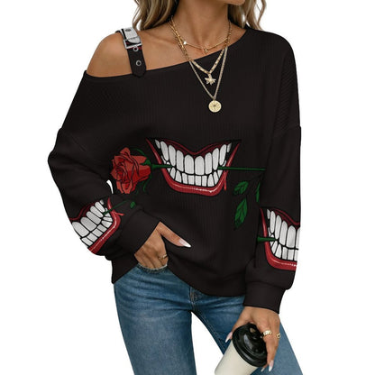 Off-the-shoulder Sweater Mouth Blood Rose Teeth  Asymmetric Cold Shoulder Knit Sweater for Women, Adjustable Buckle Strap Long Sleeve Casual Slouchy Pullover