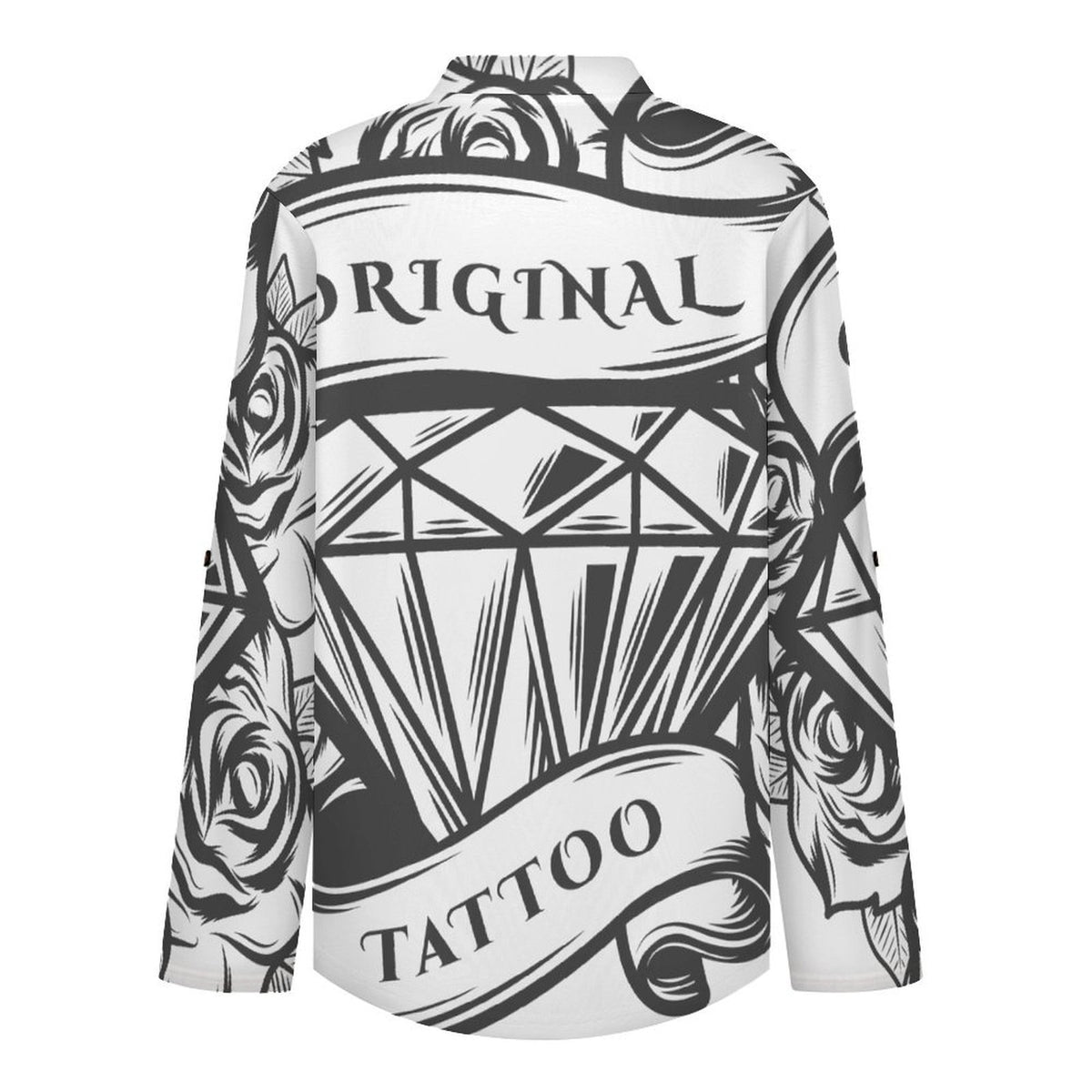 Stand-up Collar Long-sleeved Shirt Roses, Diamonds  Customization Women’s V-Neck Blouses,long Sleeve,Roll-Up Sleeve Shirt