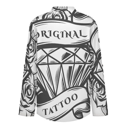 Stand-up Collar Long-sleeved Shirt Roses, Diamonds  Customization Women’s V-Neck Blouses,long Sleeve,Roll-Up Sleeve Shirt