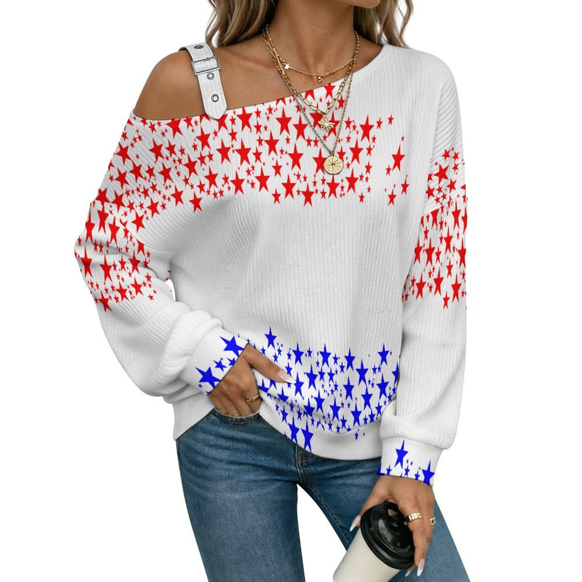 Off-the-shoulder Sweater Red And Blue Stars  U.S. Territory  Asymmetric Cold Shoulder Knit Sweater for Women, Adjustable Buckle Strap Long Sleeve Casual Slouchy Pullover