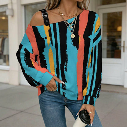 Off-the-shoulder Sweater Color Stripe  Asymmetric Cold Shoulder Knit Sweater for Women, Adjustable Buckle Strap Long Sleeve Casual Slouchy Pullover