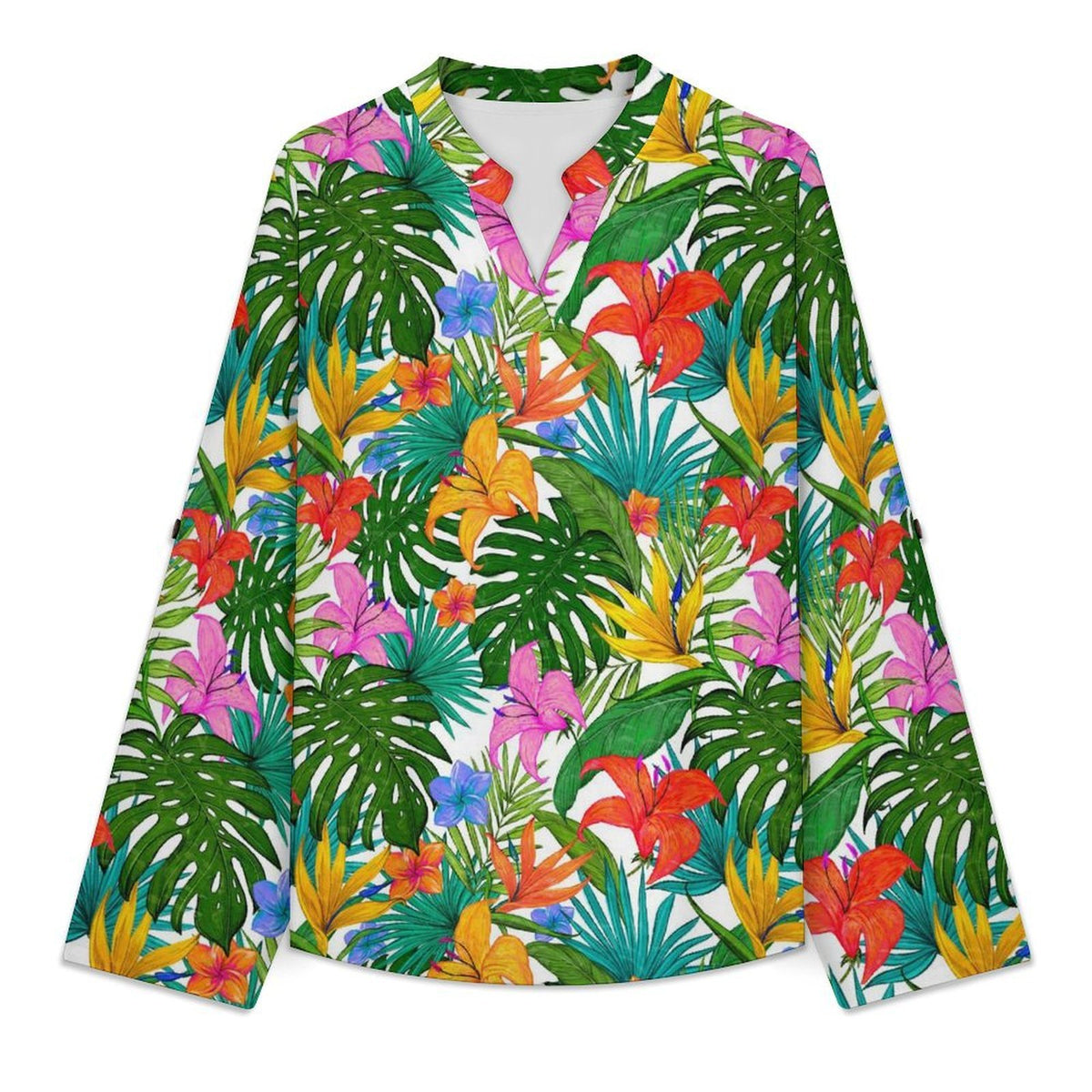 Stand-up Collar Long-sleeved Shirt Colorful Flowers And Green Leaves  Customization Women’s V-Neck Blouses,long Sleeve,Roll-Up Sleeve Shirt