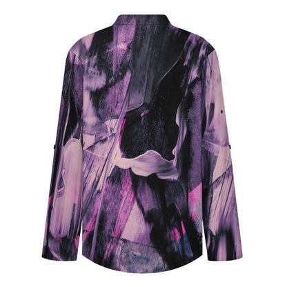 Stand-up Collar Long-sleeved Shirt Purple, Black Pattern  Customization Women’s V-Neck Blouses,long Sleeve,Roll-Up Sleeve Shirt
