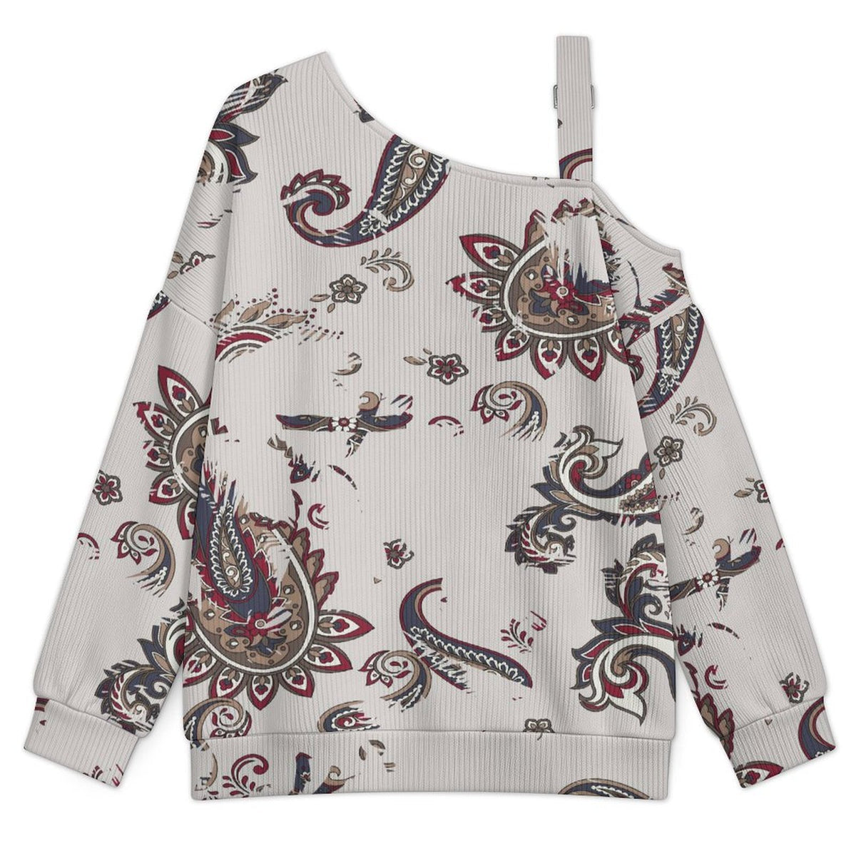Off-the-shoulder Sweater Exotic Ethnic Pattern  Asymmetric Cold Shoulder Knit Sweater for Women, Adjustable Buckle Strap Long Sleeve Casual Slouchy Pullover