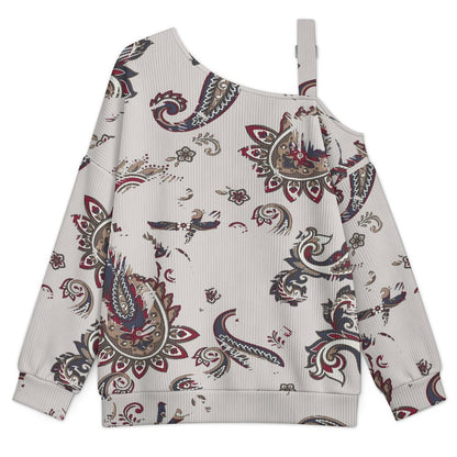 Off-the-shoulder Sweater Exotic Ethnic Pattern  Asymmetric Cold Shoulder Knit Sweater for Women, Adjustable Buckle Strap Long Sleeve Casual Slouchy Pullover