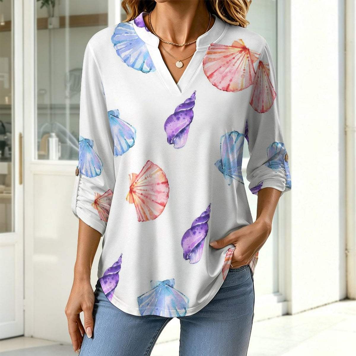 Stand-up Collar Long-sleeved Shirt Shell-blue-full Print-T-shirt-phone Case white S Women’s V-Neck Blouses