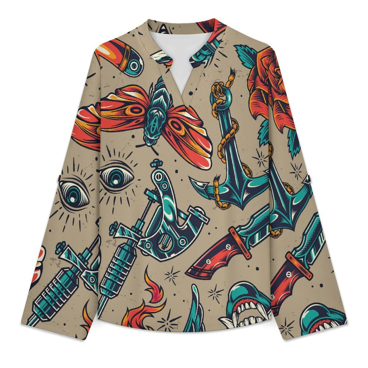 Stand-up Collar Long-sleeved Shirt Retro Patterns, Eyes, Evil  Customization Women’s V-Neck Blouses,long Sleeve,Roll-Up Sleeve Shirt