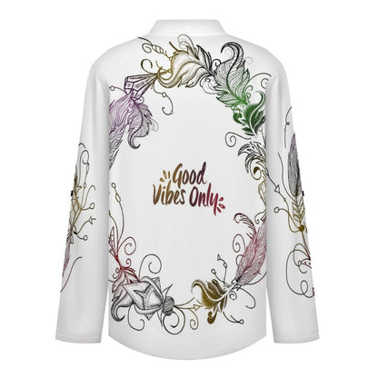 Stand-up Collar Long-sleeved Shirt Good Vibes Only  Customization Women’s V-Neck Blouses,long Sleeve,Roll-Up Sleeve Shirt
